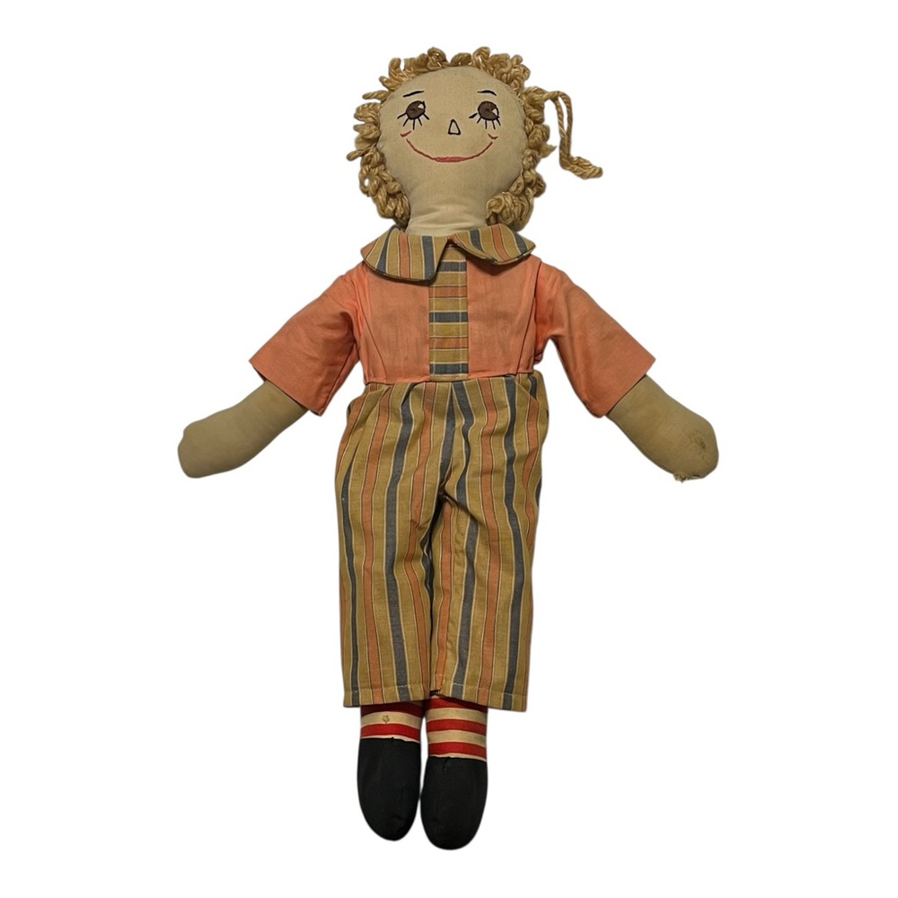 Vintage Raggedy Ann Andy Cloth Rag Doll Yarn Hair 60's Handmade 18”